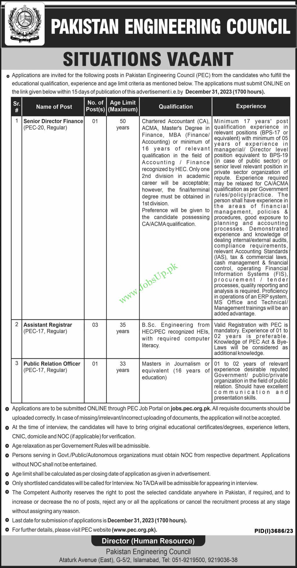 Pakistan Engineering Council PEC Jobs 2023