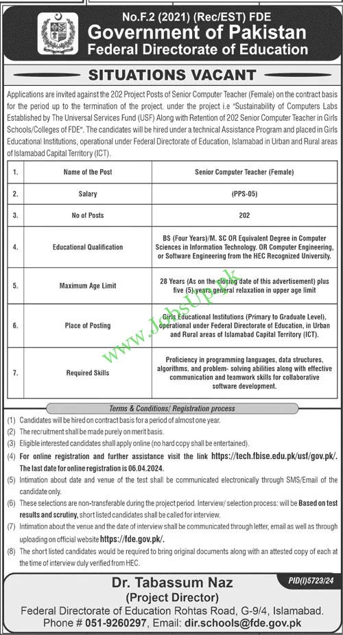 Federal Directorate Of Education FDE Islamabad Jobs 2024