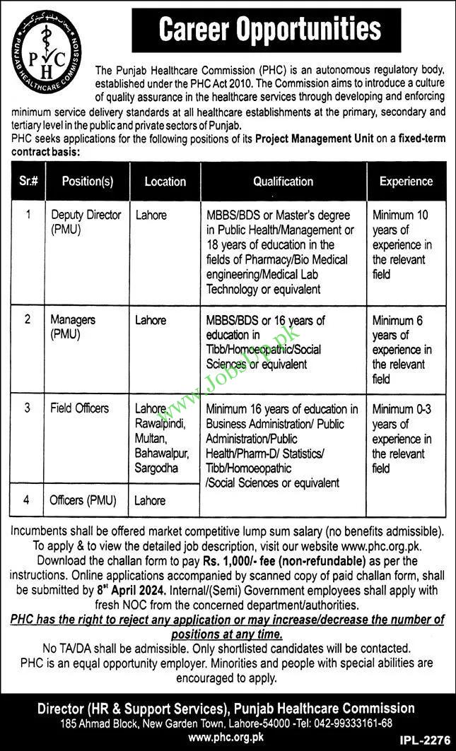 PHC Punjab Healthcare Commission Jobs 2024 in Pakistan