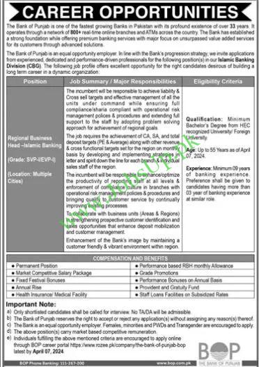 The Bank of Punjab BOP Jobs 2024