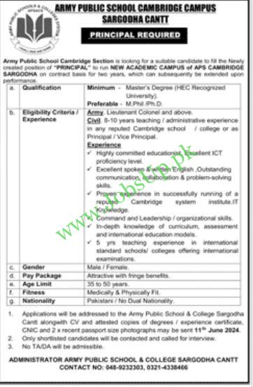 APS Army Public School Cambridge Campus Sargodha Jobs 2024