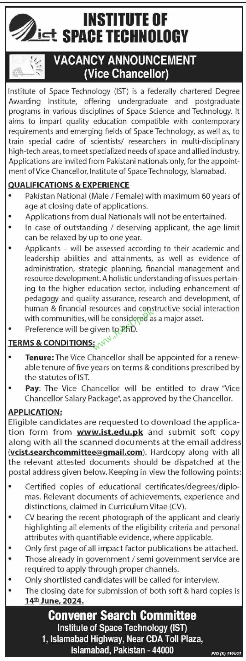 Institute of Space Technology IST Islamabad Jobs 2024