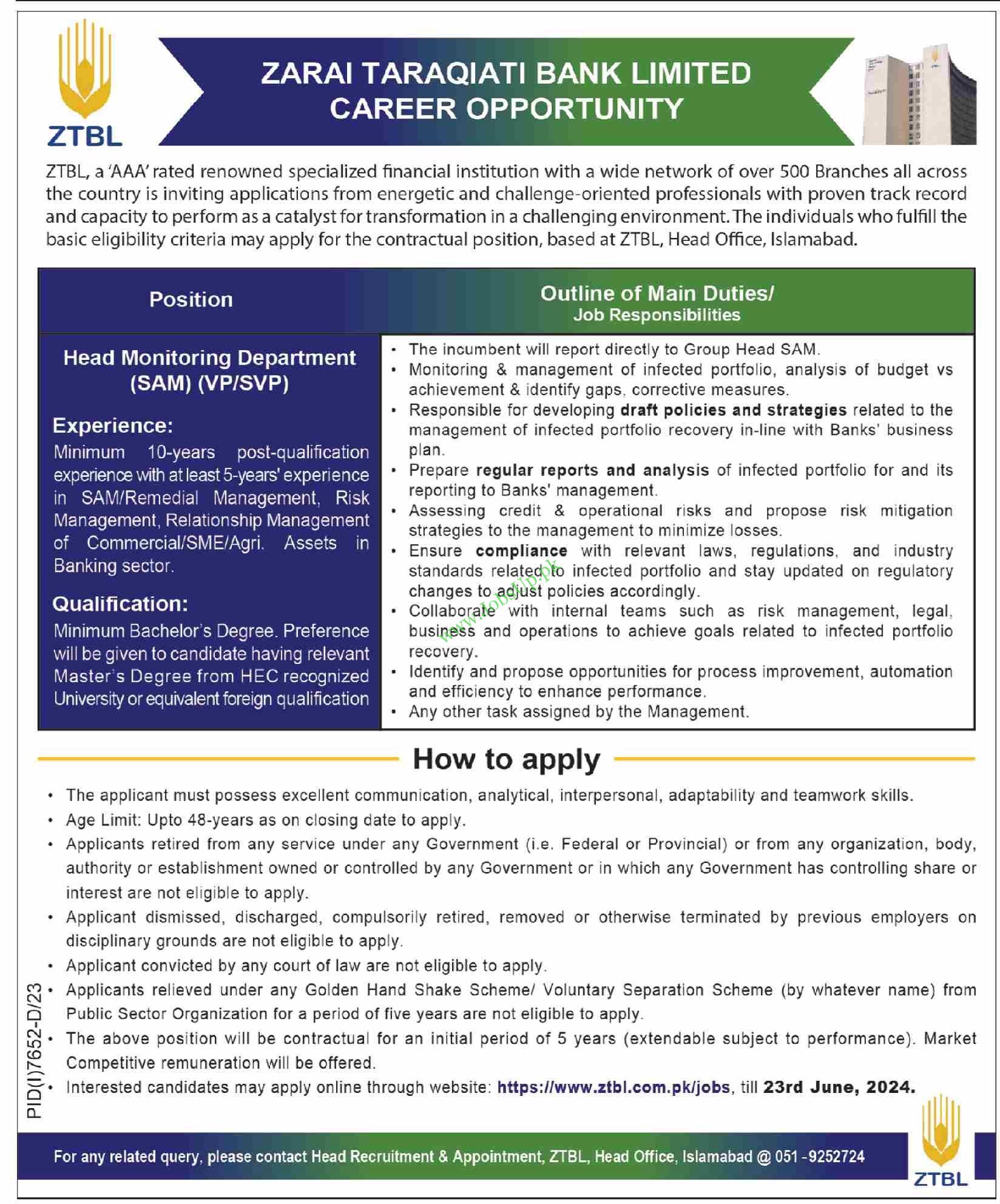 ZTBL May Jobs 2024 in Pakistan